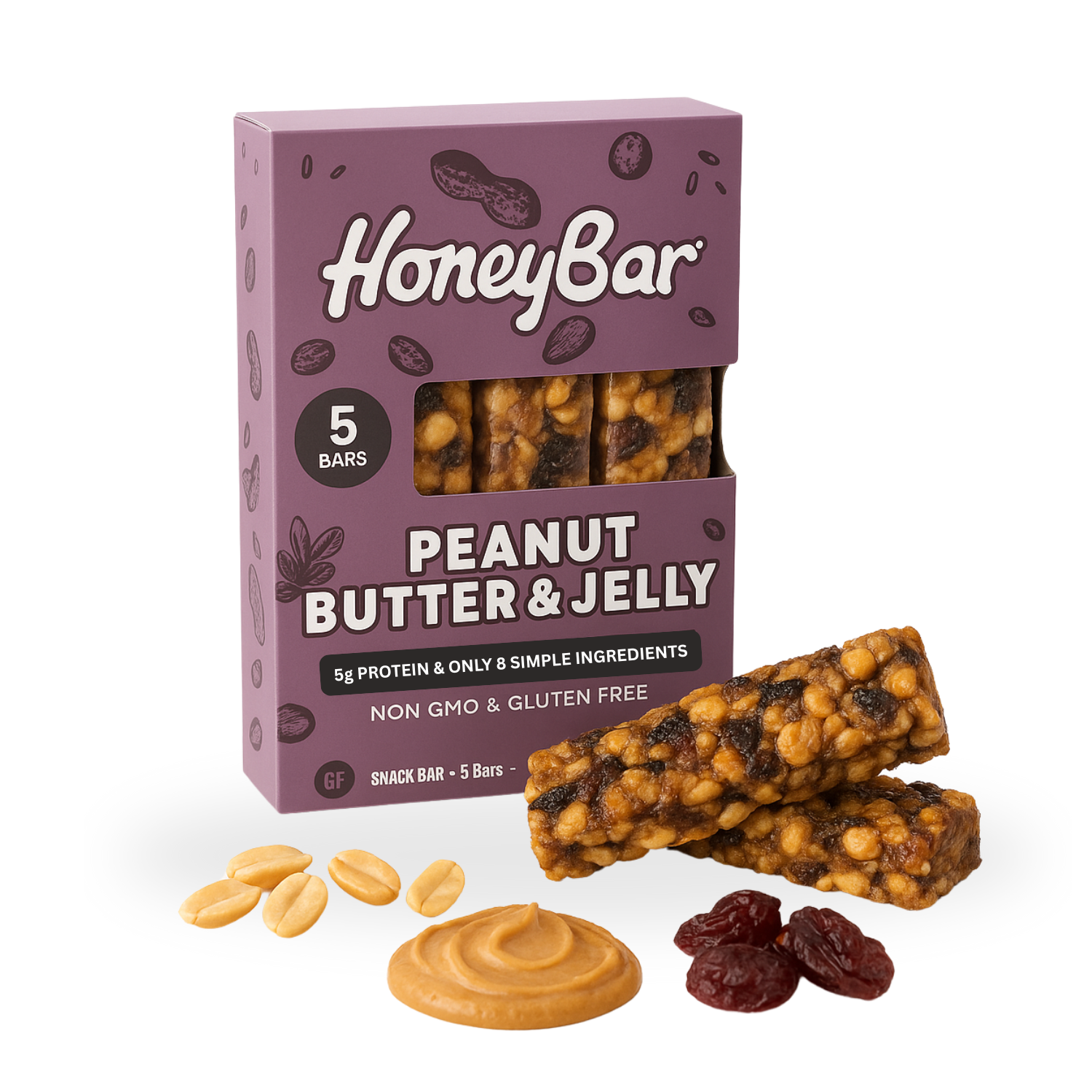 HoneyBar Gluten-Free Peanut Butter & Jam Bars Packed with Cranberries, Raisins & Crunchy Almonds – Non-GMO, Vegetarian – 5 x 40 g