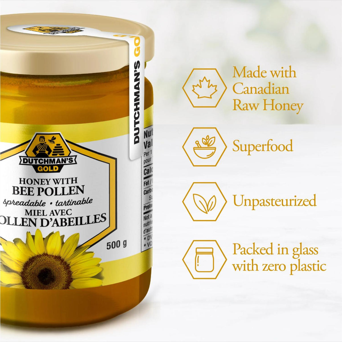 Dutchman's Gold Bee Pollen Sunflower Honey - 500g, 100% Pure & Natural, Rich in Bee Pollen, Made in Canada, Ideal for Tea, Smoothies, Baking, and Immune Support