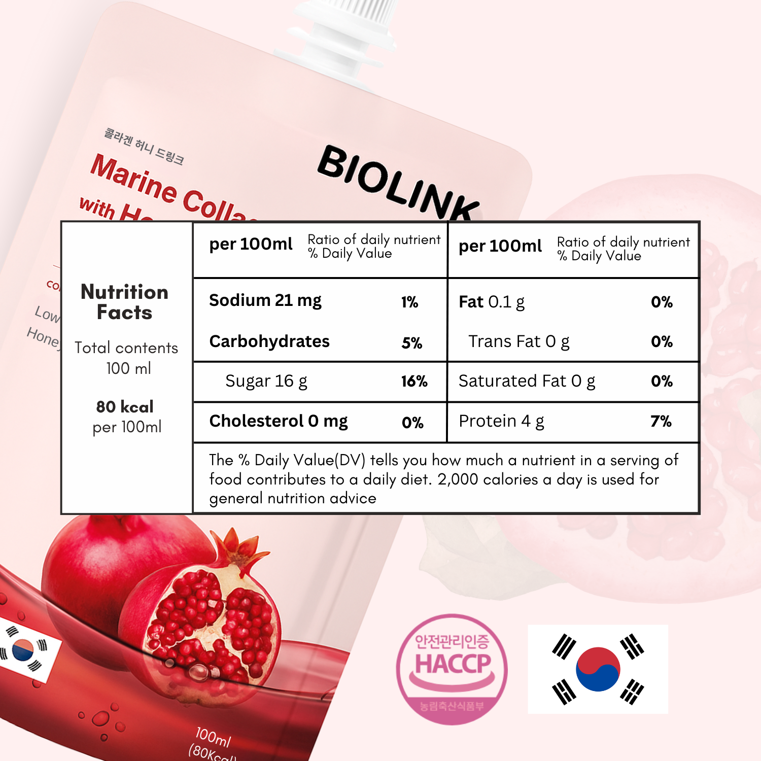 Biolink Marine Collagen Drink 10x100ml – Hyaluronic Acid, Collagen, Black Ginseng & Pomegranate