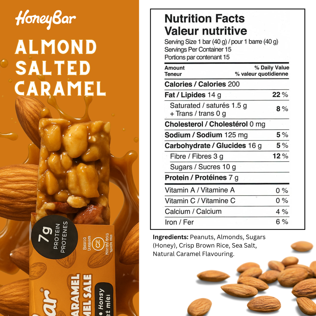 HoneyBar Almond Salted Caramel Bars – Roasted Almonds & Natural Caramel Flavor | Chewy, Gluten-Free, Non-GMO, Vegetarian | 15 x 40g