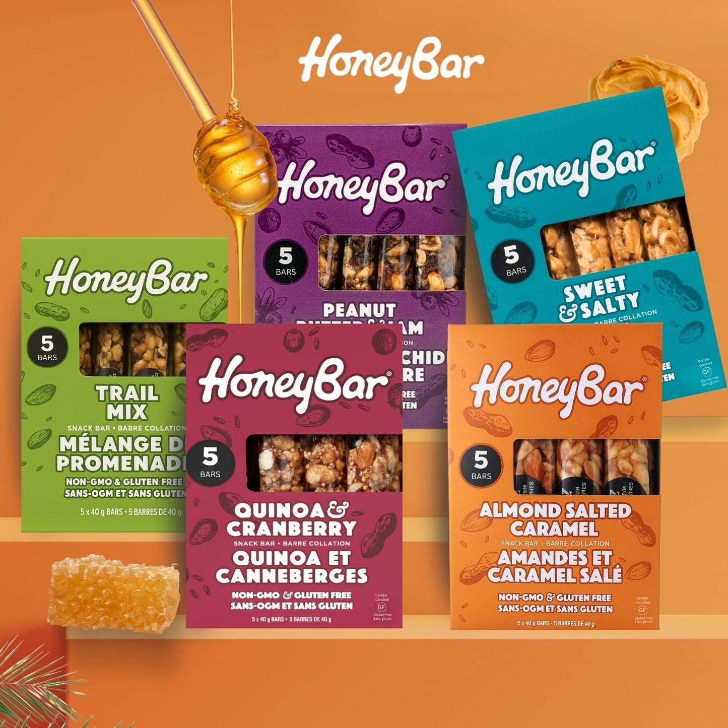 HoneyBar Sweet & Salty Snack Bars with Almonds & Sea Salt – Gluten-Free, Vegetarian | 5 x 40g
