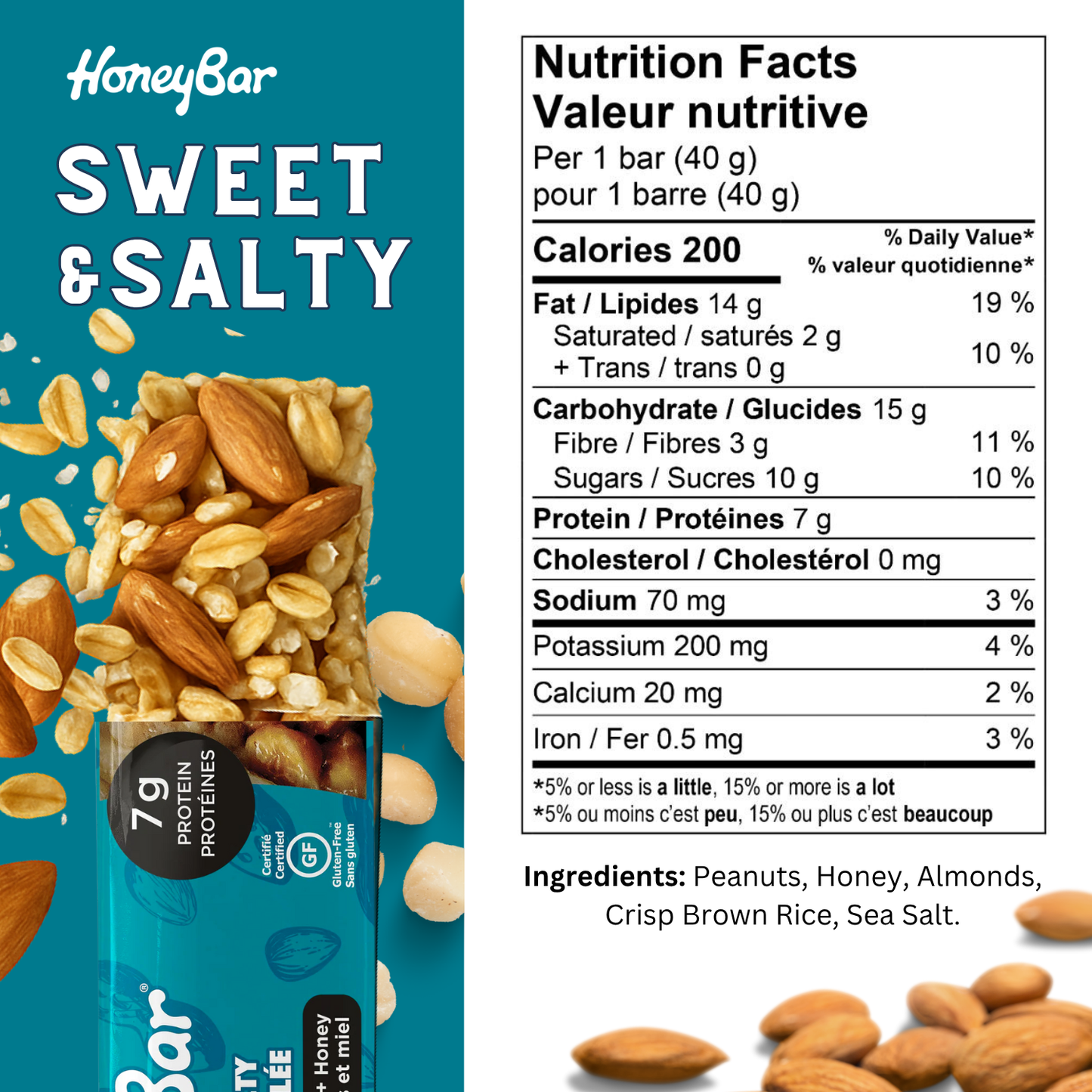 HoneyBar Sweet & Salty Snack Bars with Almonds & Sea Salt – Gluten-Free, Vegetarian | 5 x 40g