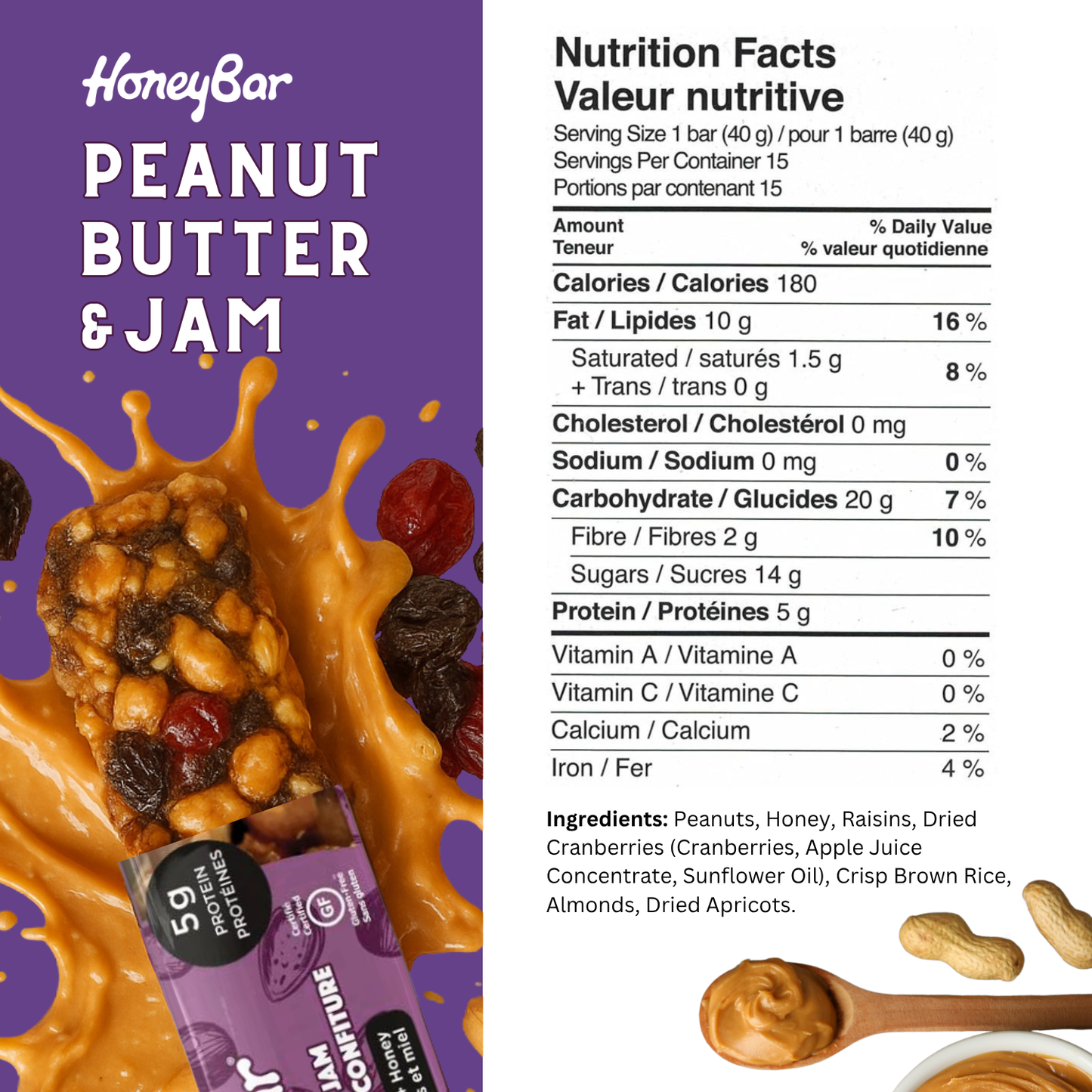 HoneyBar Peanut Butter & Jam Snack Bars - Gluten-Free & Non-GMO, 40g x 5