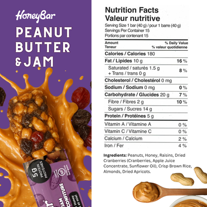 HoneyBar Peanut Butter & Jam Snack Bars - Gluten-Free & Non-GMO, 40g x 5