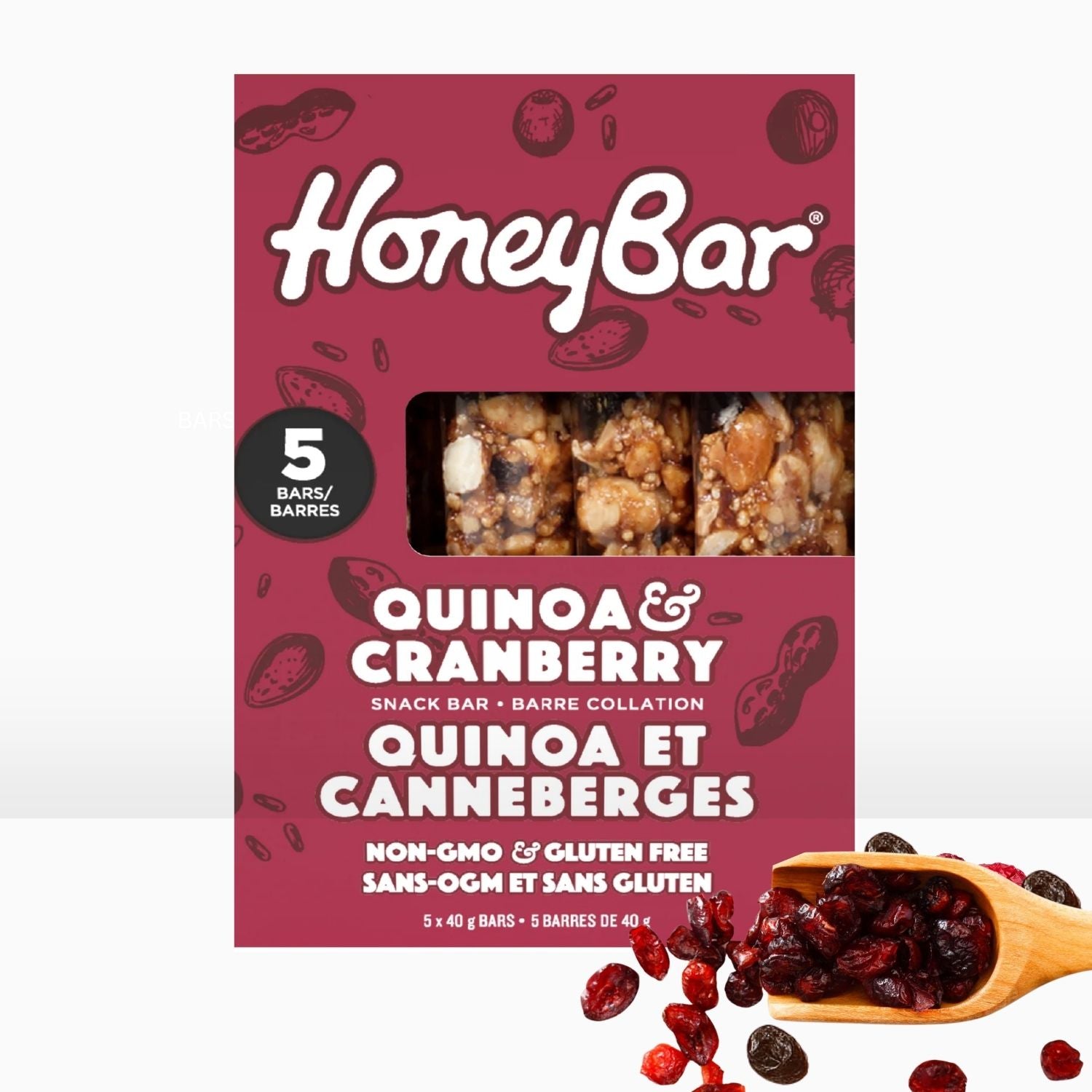 HoneyBar Healthy Quinoa Cranberry Bars | Gluten-Free, Honey-Sweetened, Real Cranberries – 5 x 40 g