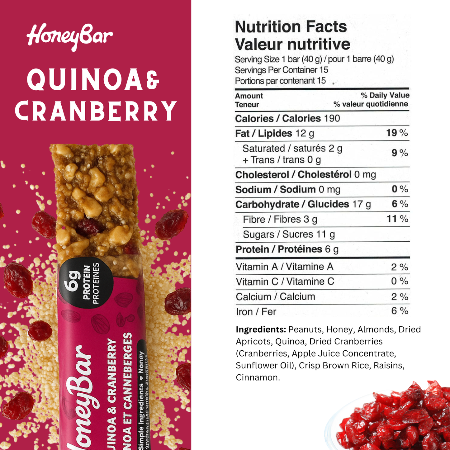 HoneyBar Quinoa & Cranberry Snack Bars - Gluten-Free & Non-GMO, 40g x 5