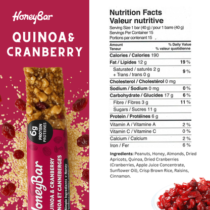 HoneyBar Quinoa & Cranberry Snack Bars - Gluten-Free & Non-GMO, 40g x 5