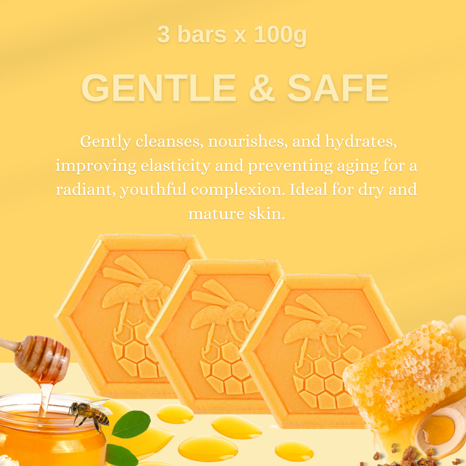 Apinfiore Natural Vegetable Soap with Honey and Royal Jelly – 100% Handmade, Moisturizing & Nourishing – Gentle Cleansing for Face, Hands & Body – Hydrating, Softening & Enriched with Antioxidants – Suitable for All Skin Types – Pack of 3 Bars (100g Each)