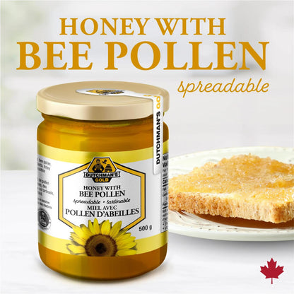 Dutchman's Gold Bee Pollen Sunflower Honey - 500g, 100% Pure & Natural, Rich in Bee Pollen, Made in Canada, Ideal for Tea, Smoothies, Baking, and Immune Support