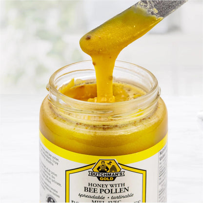 Dutchman's Gold Bee Pollen Sunflower Honey - 500g, 100% Pure & Natural, Rich in Bee Pollen, Made in Canada, Ideal for Tea, Smoothies, Baking, and Immune Support