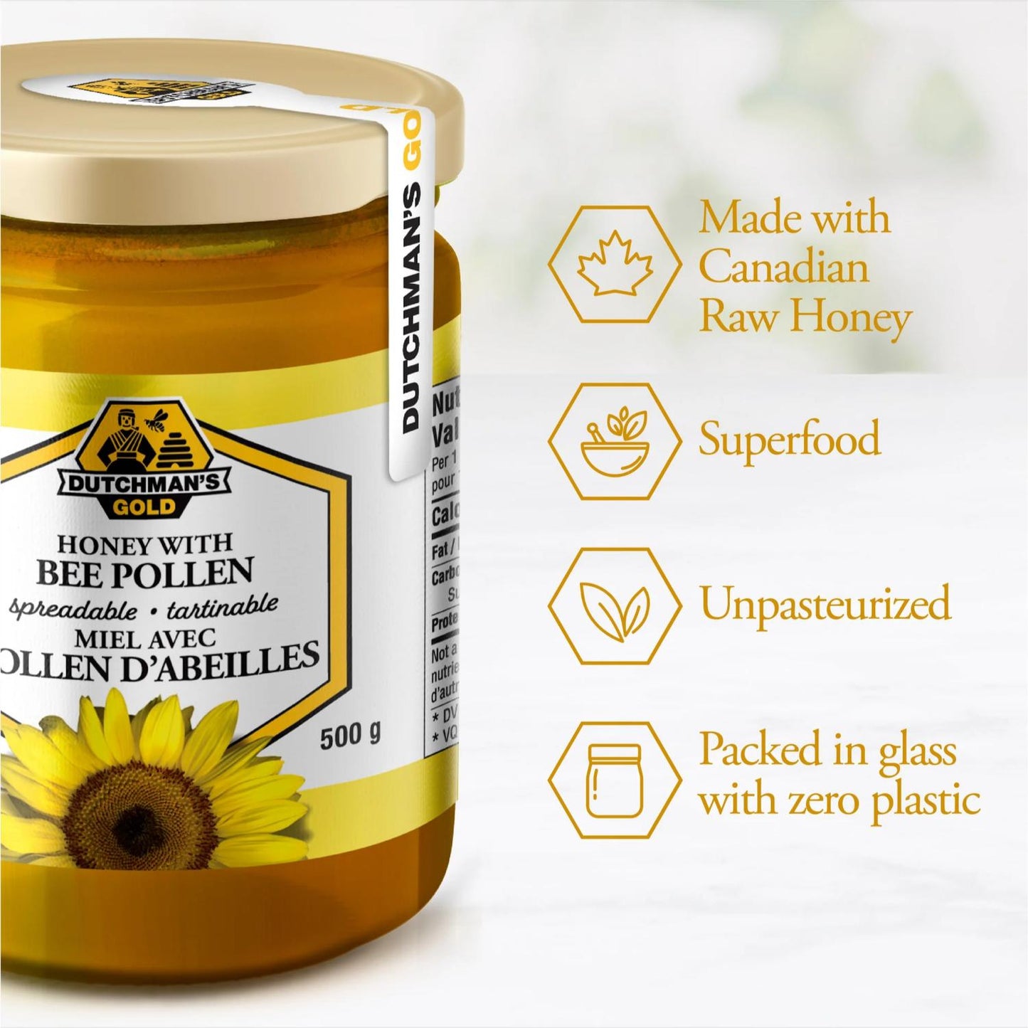Dutchman's Gold Bee Pollen Sunflower Honey - 500g, 100% Pure & Natural, Rich in Bee Pollen, Made in Canada, Ideal for Tea, Smoothies, Baking, and Immune Support
