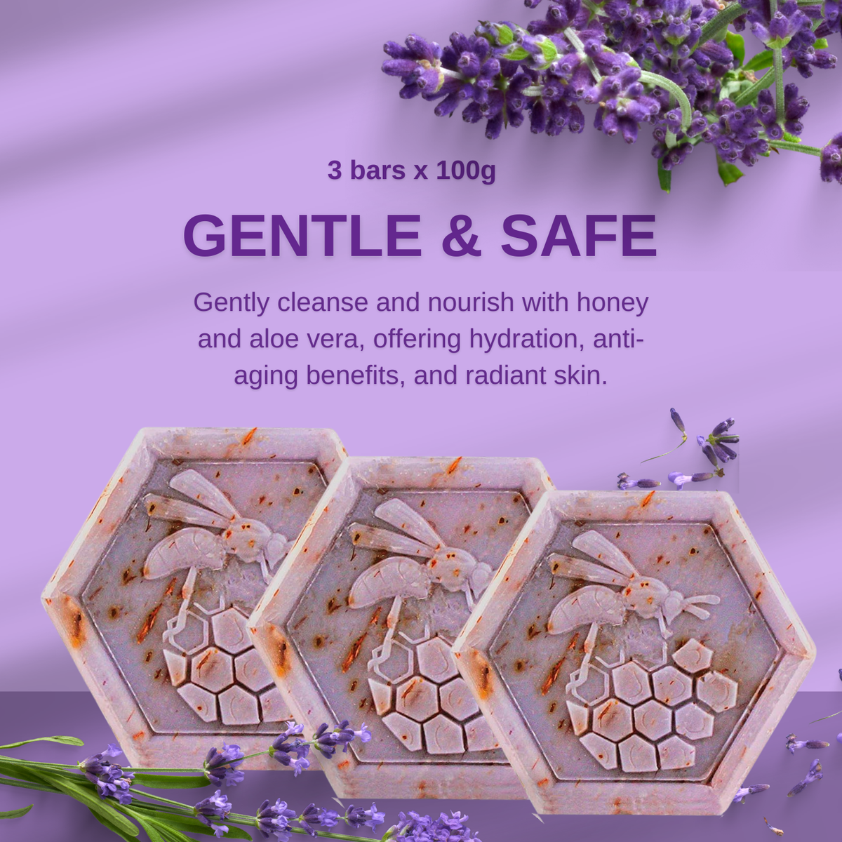 Organic Honey & Lavender Soap Bar 100g x3 – Handmade Antioxidant Moisturizing Soap for Face & Body