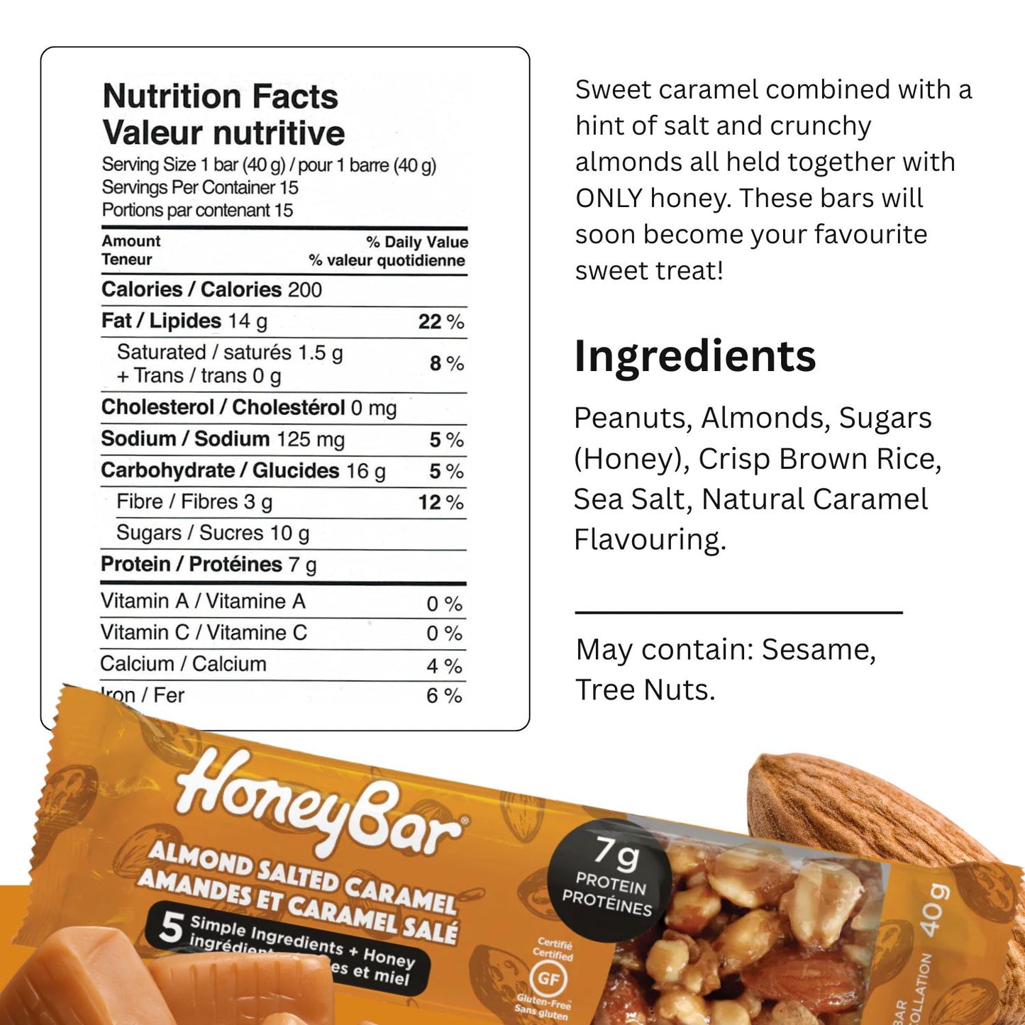 HoneyBar Almond Salted Caramel Snack Bars - Roasted Almonds & Caramel, Gluten-Free & Non-GMO, 40g x 15