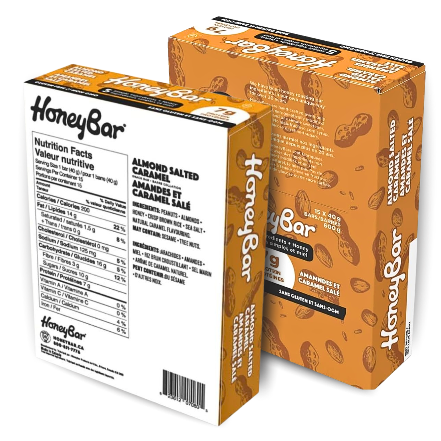 HoneyBar Almond Salted Caramel Snack Bars - Roasted Almonds & Caramel, Gluten-Free & Non-GMO, 40g x 15