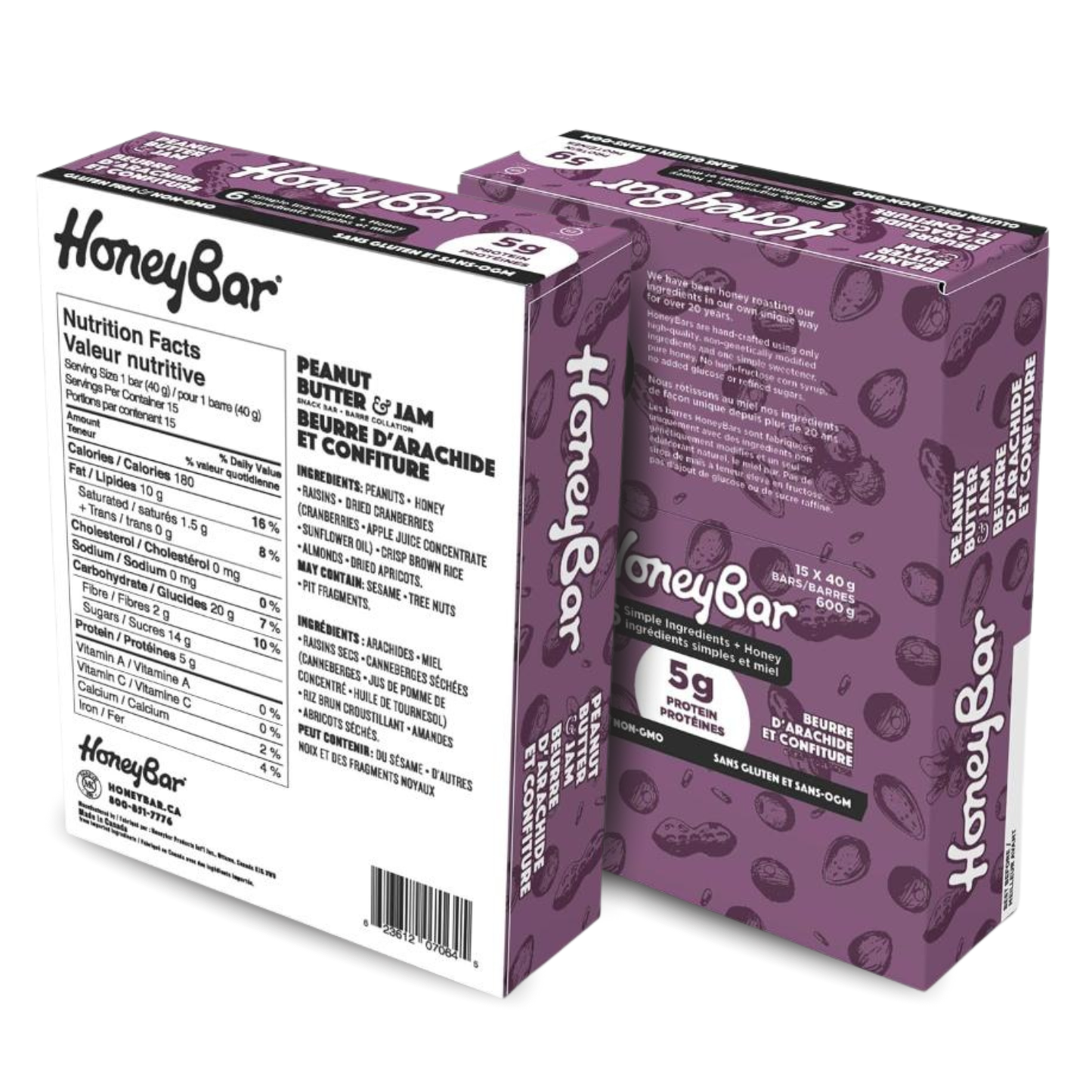 HoneyBar Peanut Butter & Jam Snack Bars – Real Cranberries, Raisins & Crunchy Almonds | Gluten-Free, Non-GMO, Vegetarian | 15 x 40g