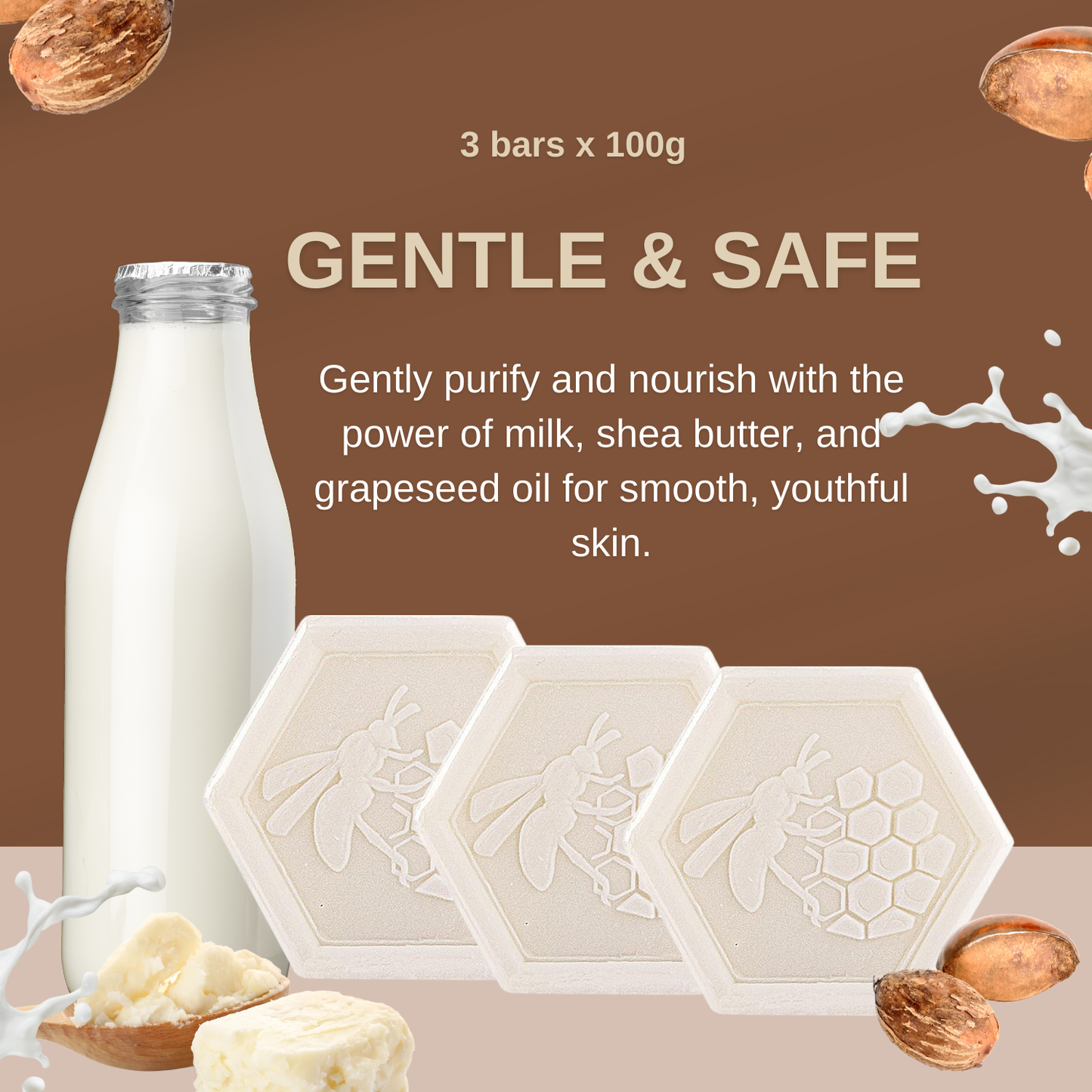 Organic Milk Soap Bars with Shea Butter & Grapeseed Oil – Handmade Moisturizing Cleanser for Face, Hands & Body – 3x100g