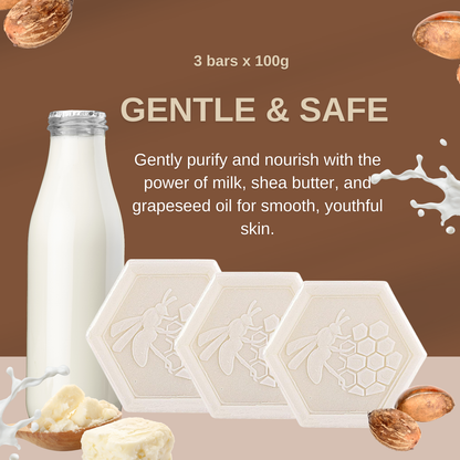 Organic Milk Soap Bars with Shea Butter & Grapeseed Oil – Handmade Moisturizing Cleanser for Face, Hands & Body – 3x100g