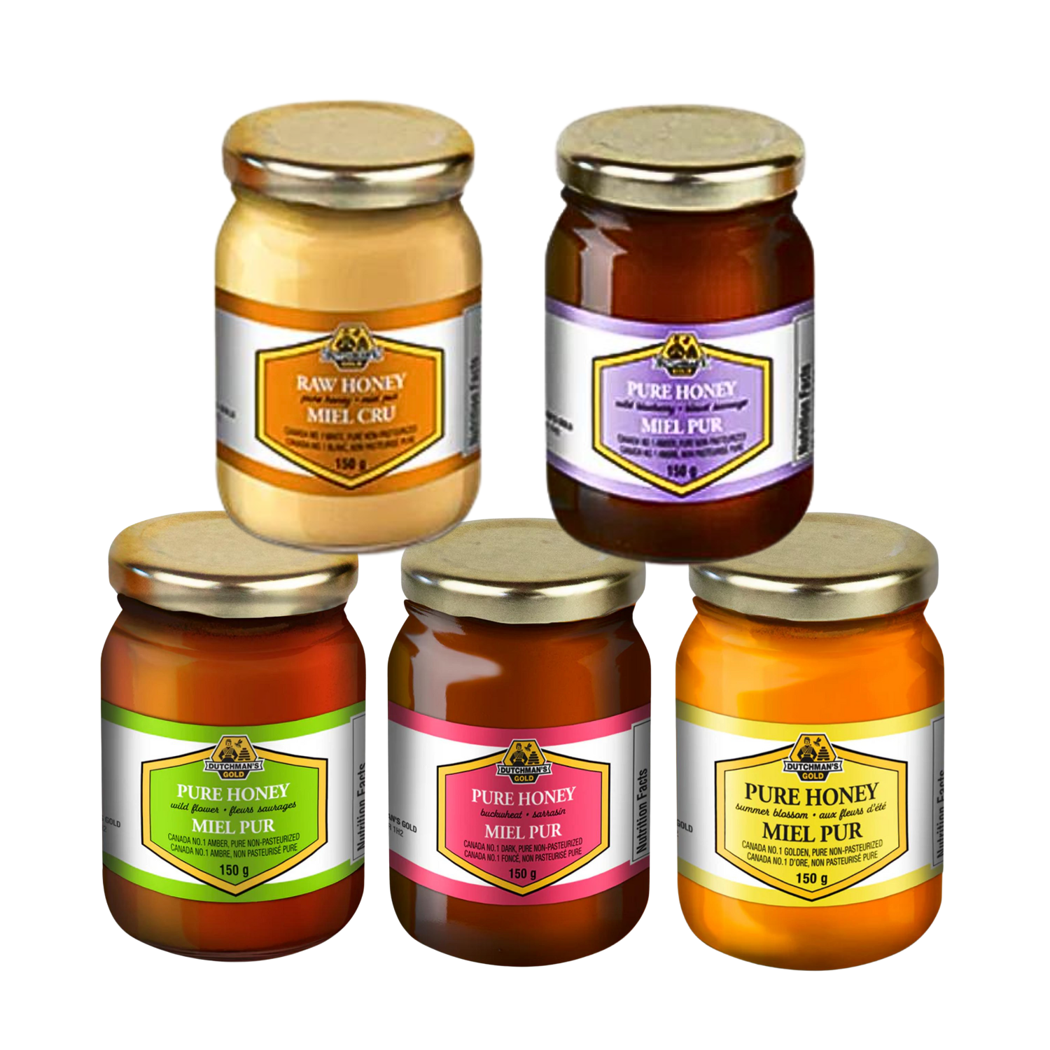 Dutchman's Gold Honey Gift Pack 5 x 150g – Assorted Pure Canadian Honeys, Perfect for Gifting & Tasting