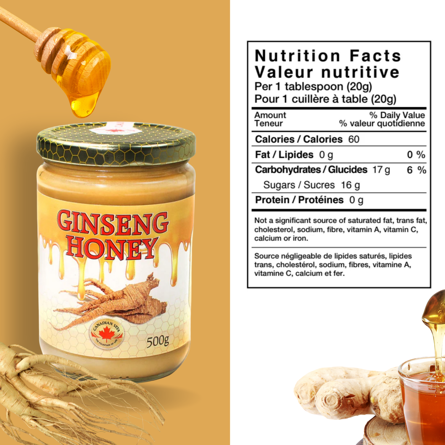 Canadian Vita Ginseng Honey 500g, 100% Natural Sweetener with Canadian Ginseng Roots, No Additives, Rich in Nutrients, Perfect for Tea, Coffee and Immune Support, Made in Canada