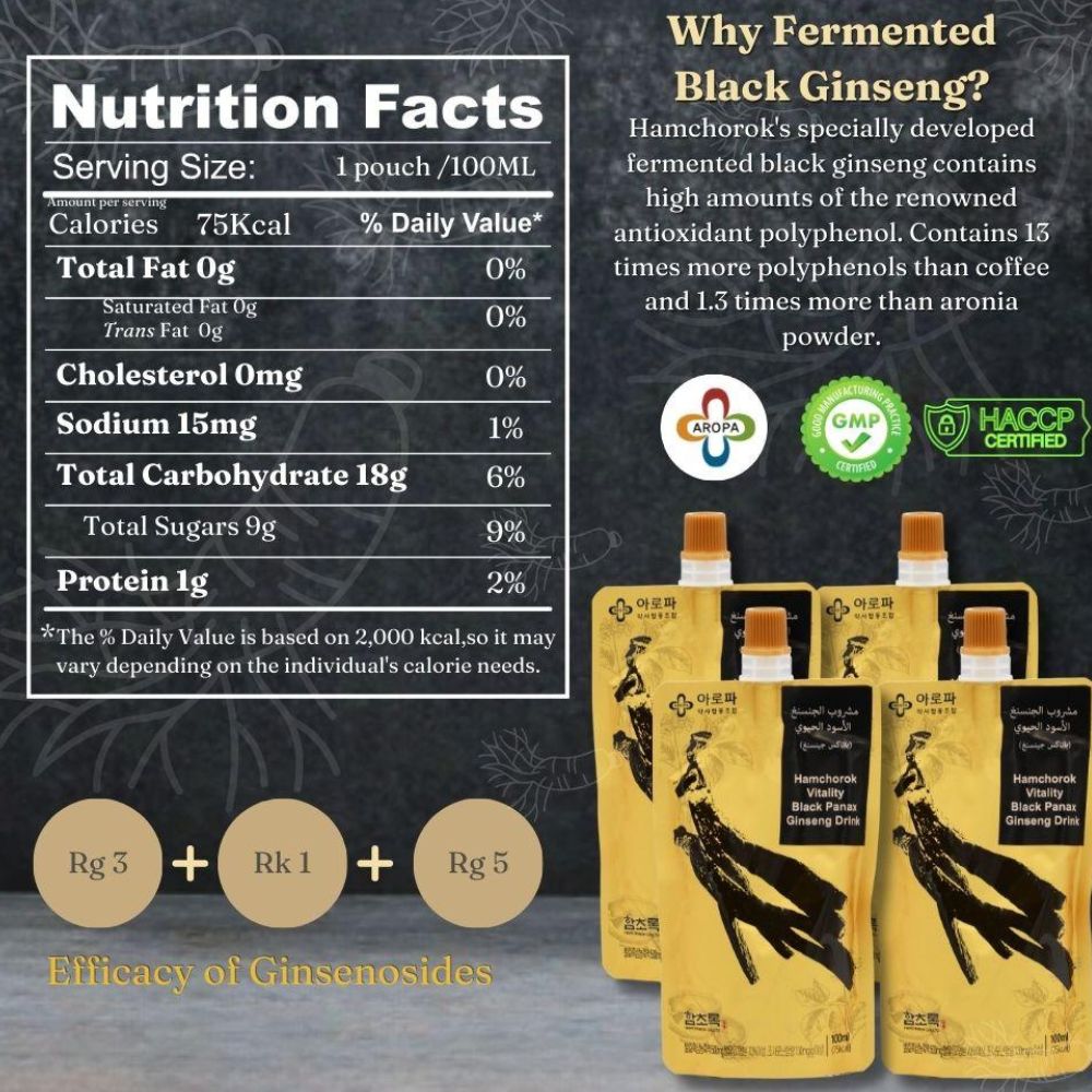 HAMCHOROK Vitality Black Panax Ginseng Drink – Boosts Energy, Focus & Stamina – Traditional Korean Herbal Tonic – 10 x 100ml Pouches