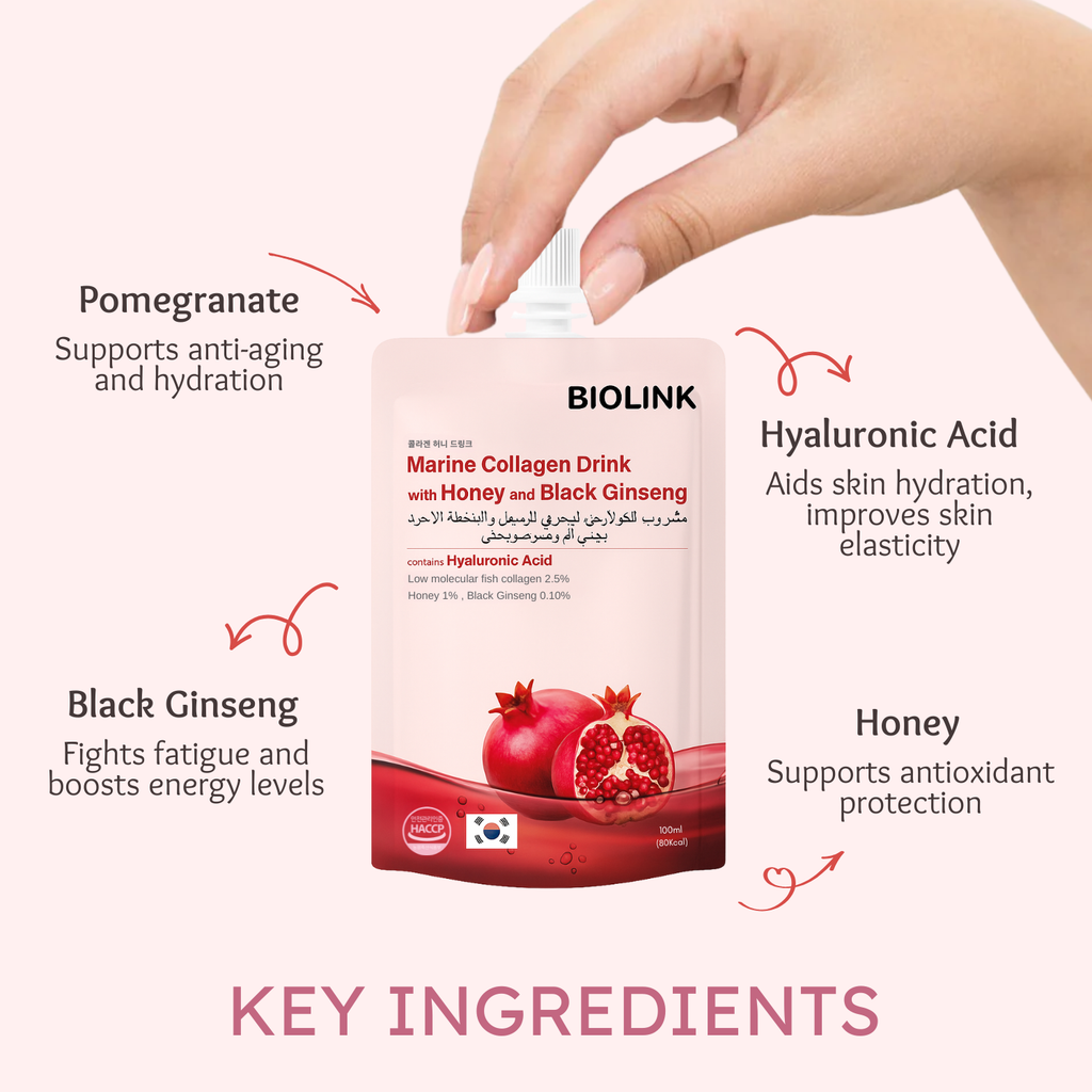 Biolink Marine Collagen Drink 10x100ml – Hyaluronic Acid, Collagen, Black Ginseng & Pomegranate