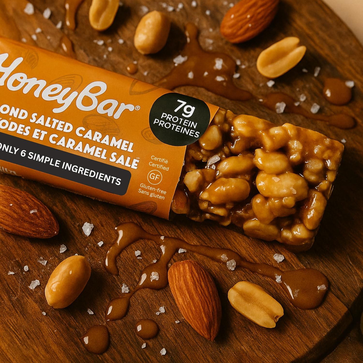 HoneyBar Almond Salted Caramel Bars – Chewy Roasted Almonds & Natural Caramel Flavor | Gluten-Free, Non-GMO, Vegetarian | 5 x 40g