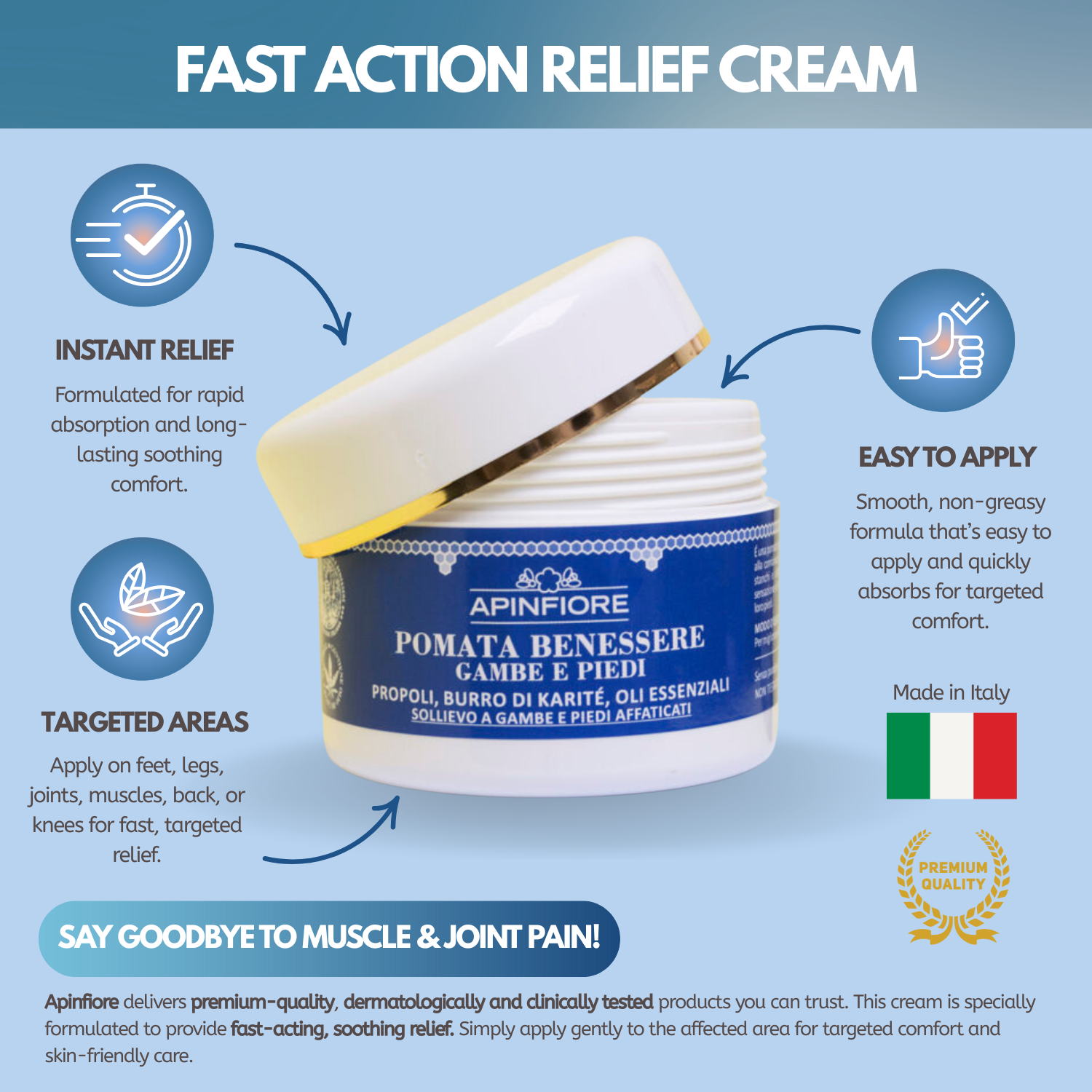 Pain Relief Cream for Legs, Feet & Joints – Fast-Absorbing with Organic Propolis, Shea Butter & Oils – 100ml