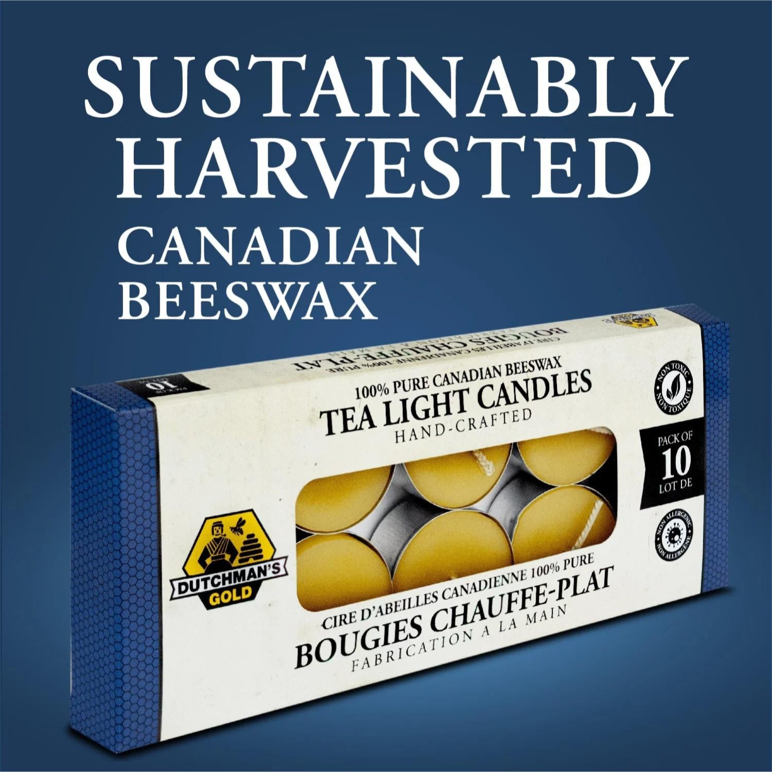 Dutchman’s Gold 100% Pure Beeswax Tea Lights (10/Pack), Handcrafted, Dripless & Smokeless, Non-Toxic, Naturally Scented, Eco-Friendly, Perfect for Relaxation, Meditation, and Ambiance, Made in Canada