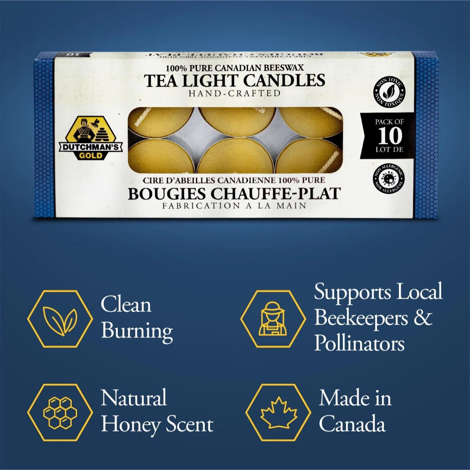 Dutchman’s Gold 100% Pure Beeswax Tea Lights (10/Pack), Handcrafted, Dripless & Smokeless, Non-Toxic, Naturally Scented, Eco-Friendly, Perfect for Relaxation, Meditation, and Ambiance, Made in Canada