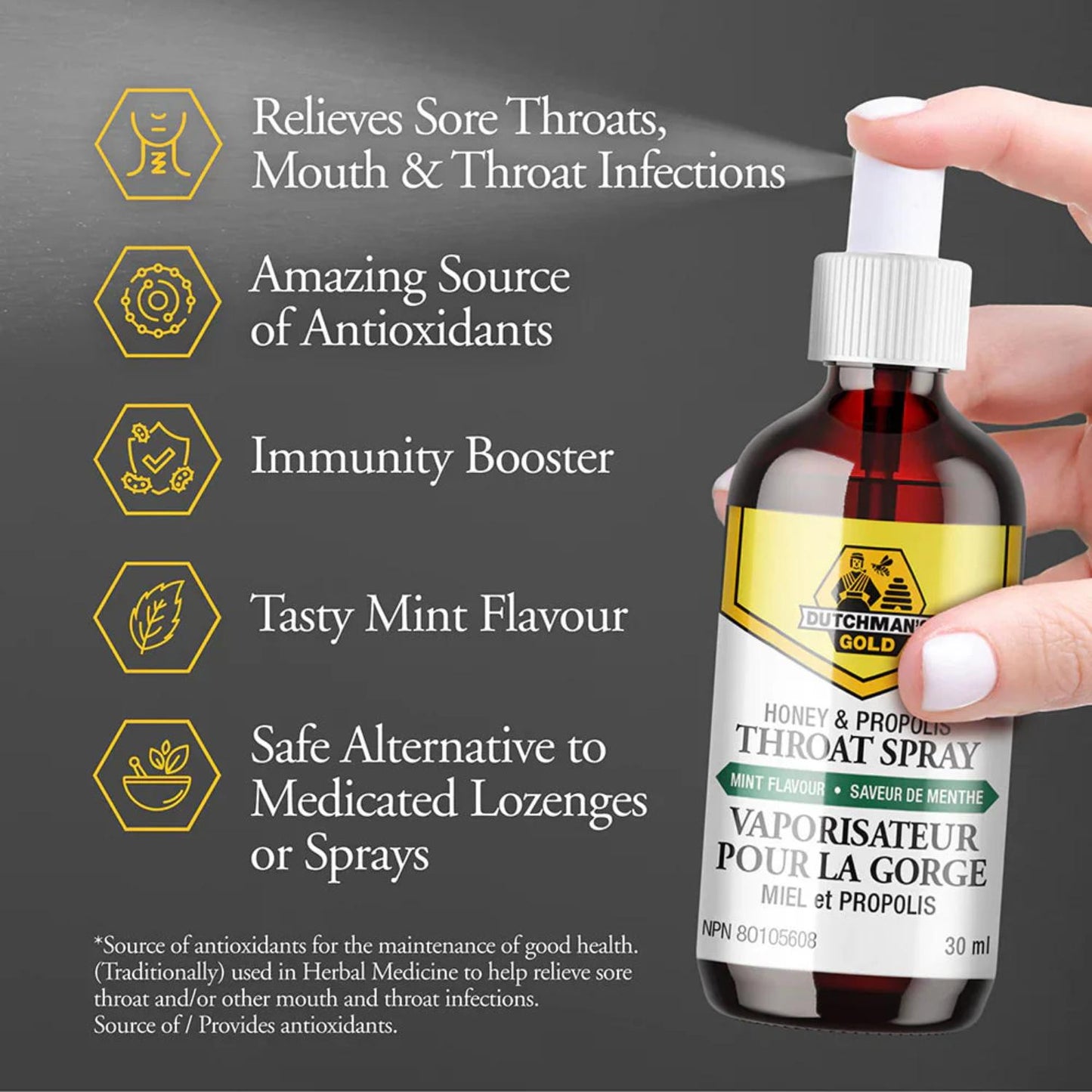 Honey & Propolis Throat Spray, 30ml, Fast-Acting Relief for Sore Throat & Cough