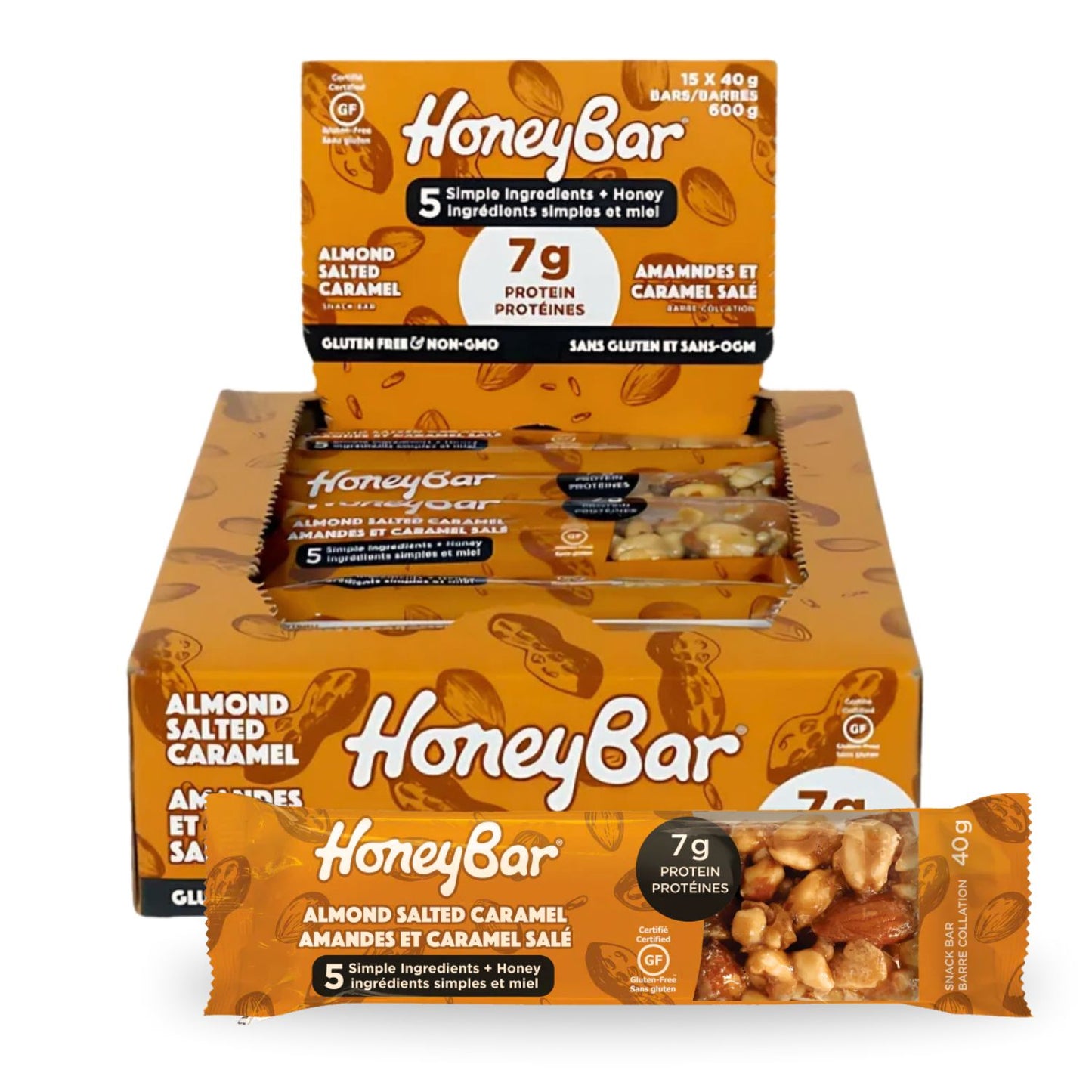 HoneyBar Almond Salted Caramel Snack Bars - Roasted Almonds & Caramel, Gluten-Free & Non-GMO, 40g x 15