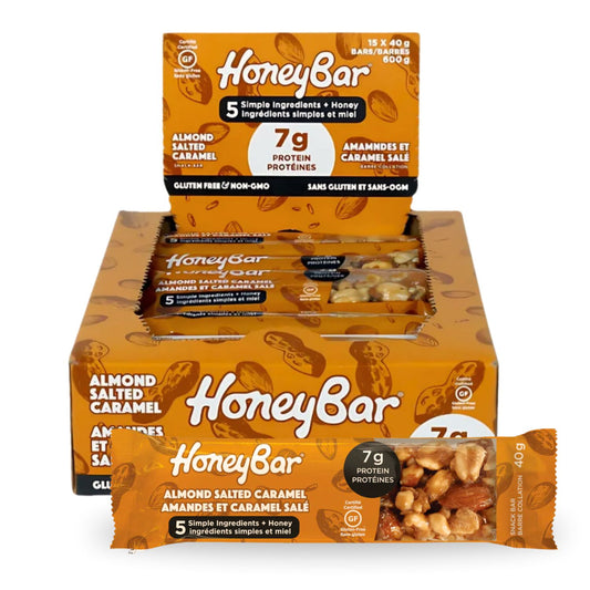 HoneyBar Almond Salted Caramel Snack Bars - Roasted Almonds & Caramel, Gluten-Free & Non-GMO, 40g x 15