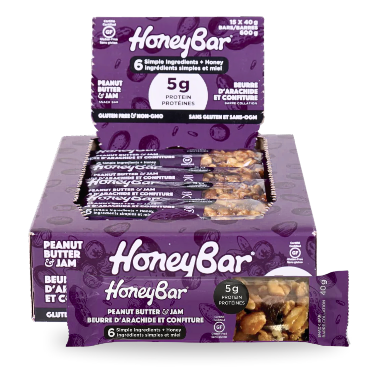 HoneyBar Peanut Butter & Jam Snack Bars – Real Cranberries, Raisins & Crunchy Almonds | Gluten-Free, Non-GMO, Vegetarian | 15 x 40g