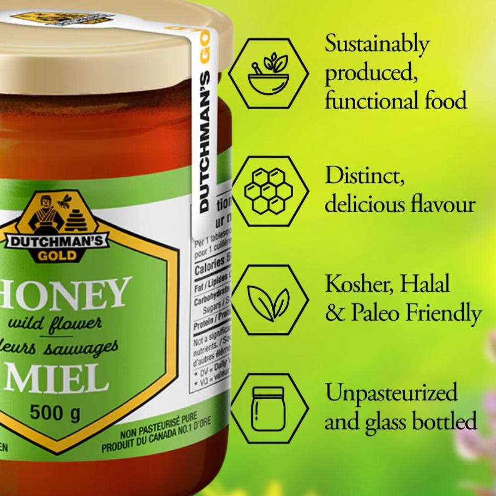 Dutchman's Gold Wildflower Liquid Honey - 1kg, 100% Pure Organic Honey, Premium Grade, No Additives, Perfect for Baking, Sweetening Drinks, and Cooking, Made in Canada