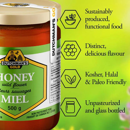 Dutchman's Gold Wildflower Liquid Honey - 1kg, 100% Pure Organic Honey, Premium Grade, No Additives, Perfect for Baking, Sweetening Drinks, and Cooking, Made in Canada