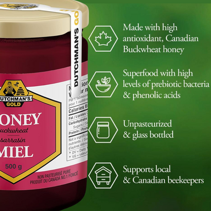 Dutchman's Gold Buckwheat Liquid Honey - 500g, Pure & Natural Buckwheat Honey, 100% Made in Canada, Rich Flavor, No Additives, Great for Tea, Baking, Cooking & Health Benefits