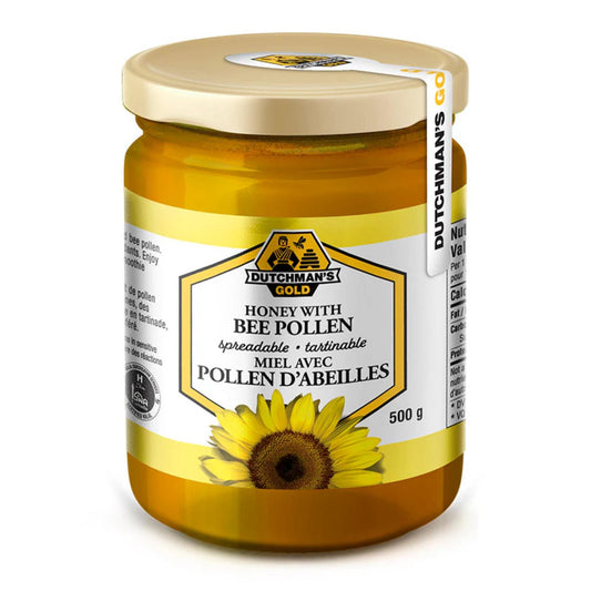 Dutchman's Gold Bee Pollen Sunflower Honey - 500g, 100% Pure & Natural, Rich in Bee Pollen, Made in Canada, Ideal for Tea, Smoothies, Baking, and Immune Support