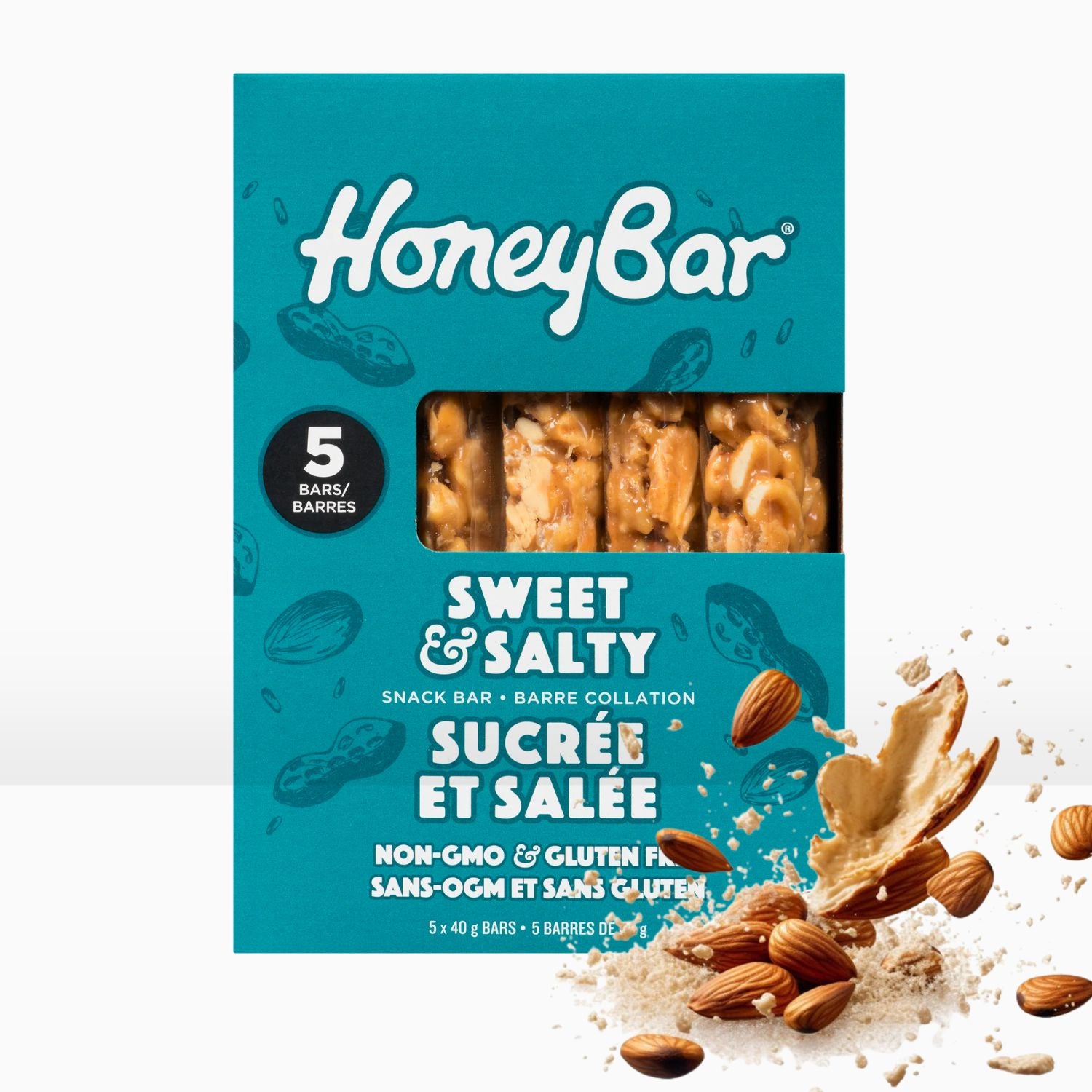 HoneyBar Sweet & Salty Snack Bars with Almonds & Sea Salt – Gluten-Free, Vegetarian | 5 x 40g
