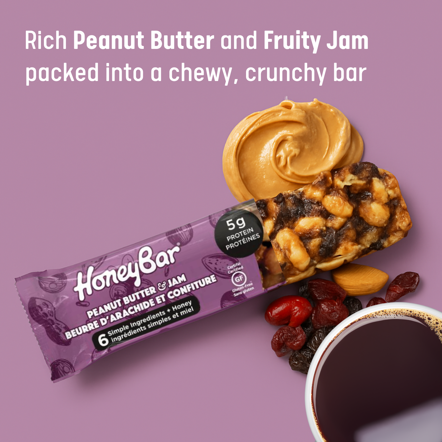 HoneyBar Gluten-Free Peanut Butter & Jam Bars Packed with Cranberries, Raisins & Crunchy Almonds – Non-GMO, Vegetarian – 5 x 40 g