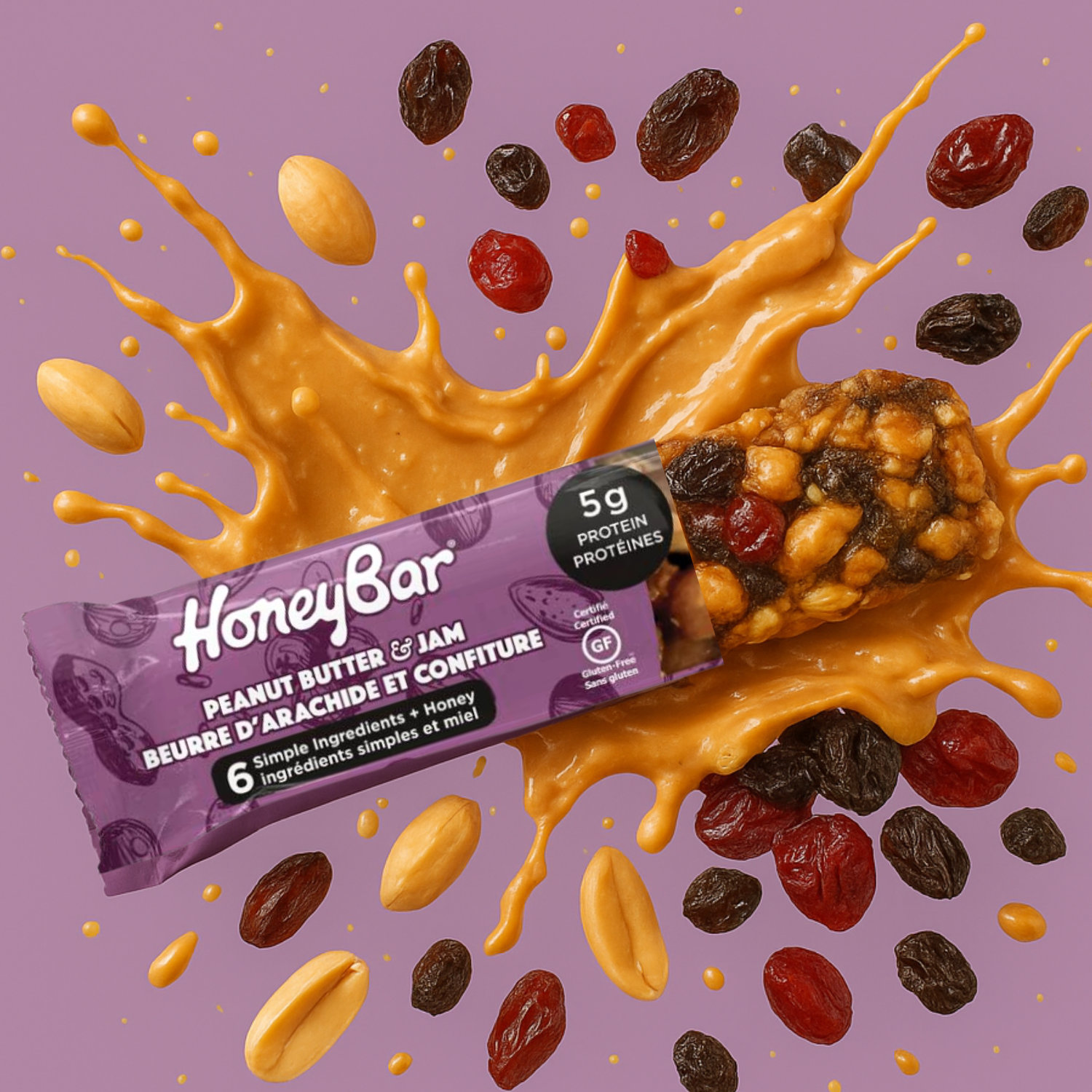 HoneyBar Gluten-Free Peanut Butter & Jam Bars Packed with Cranberries, Raisins & Crunchy Almonds – Non-GMO, Vegetarian – 5 x 40 g