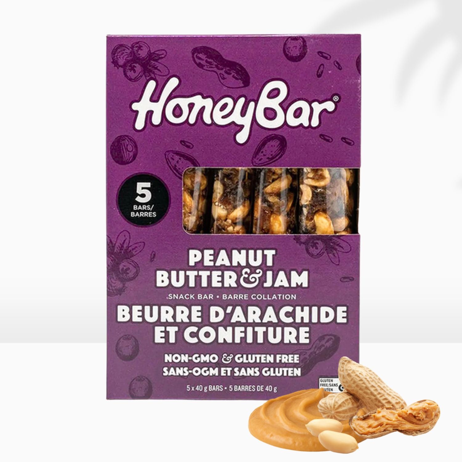 HoneyBar Gluten-Free Peanut Butter & Jam Bars Packed with Cranberries, Raisins & Crunchy Almonds – Non-GMO, Vegetarian – 5 x 40 g