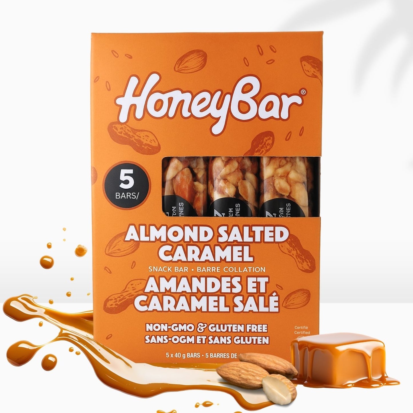 HoneyBar Almond Salted Caramel Snack Bars - Gluten-Free & Non-GMO, 40g x 5