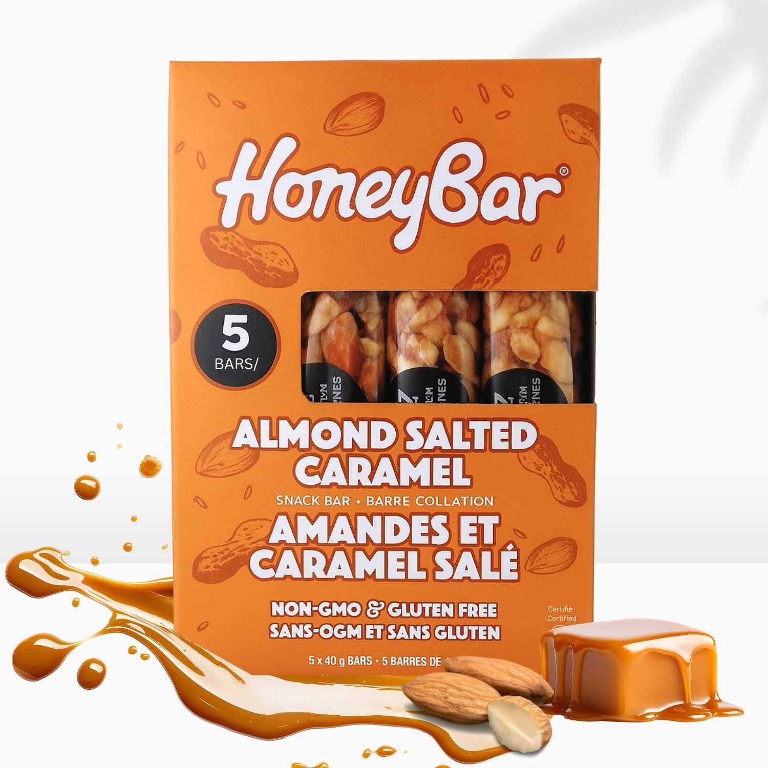 HoneyBar Almond Salted Caramel Bars – Chewy Roasted Almonds & Natural Caramel Flavor | Gluten-Free, Non-GMO, Vegetarian | 5 x 40g