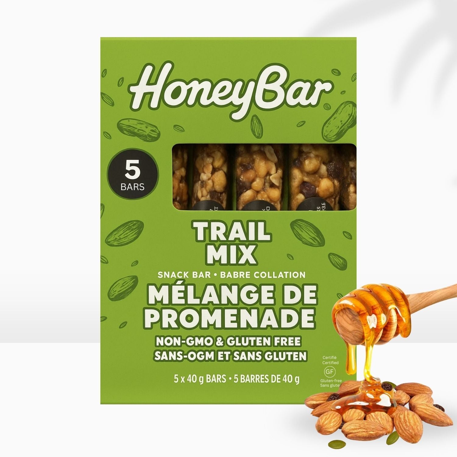 HoneyBar Trail Mix Bars – Sweet & Nutty with Real Honey, Crunchy Nuts & Juicy Raisins | Non-GMO, Gluten-Free, Vegetarian | 5 x 40g